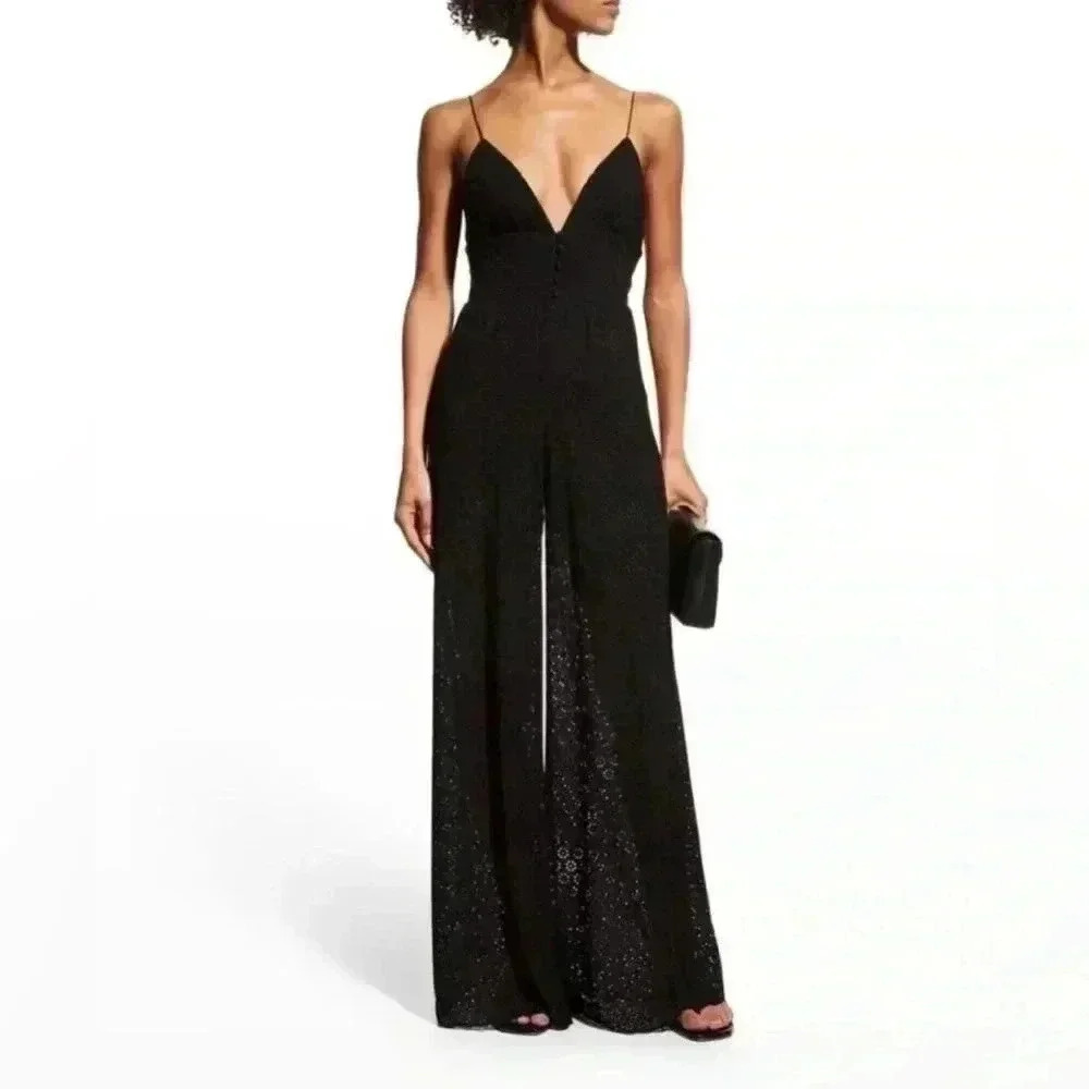 Alice and Olivia Tilly Eyelet Wide-Leg V-Neck Jumpsuit